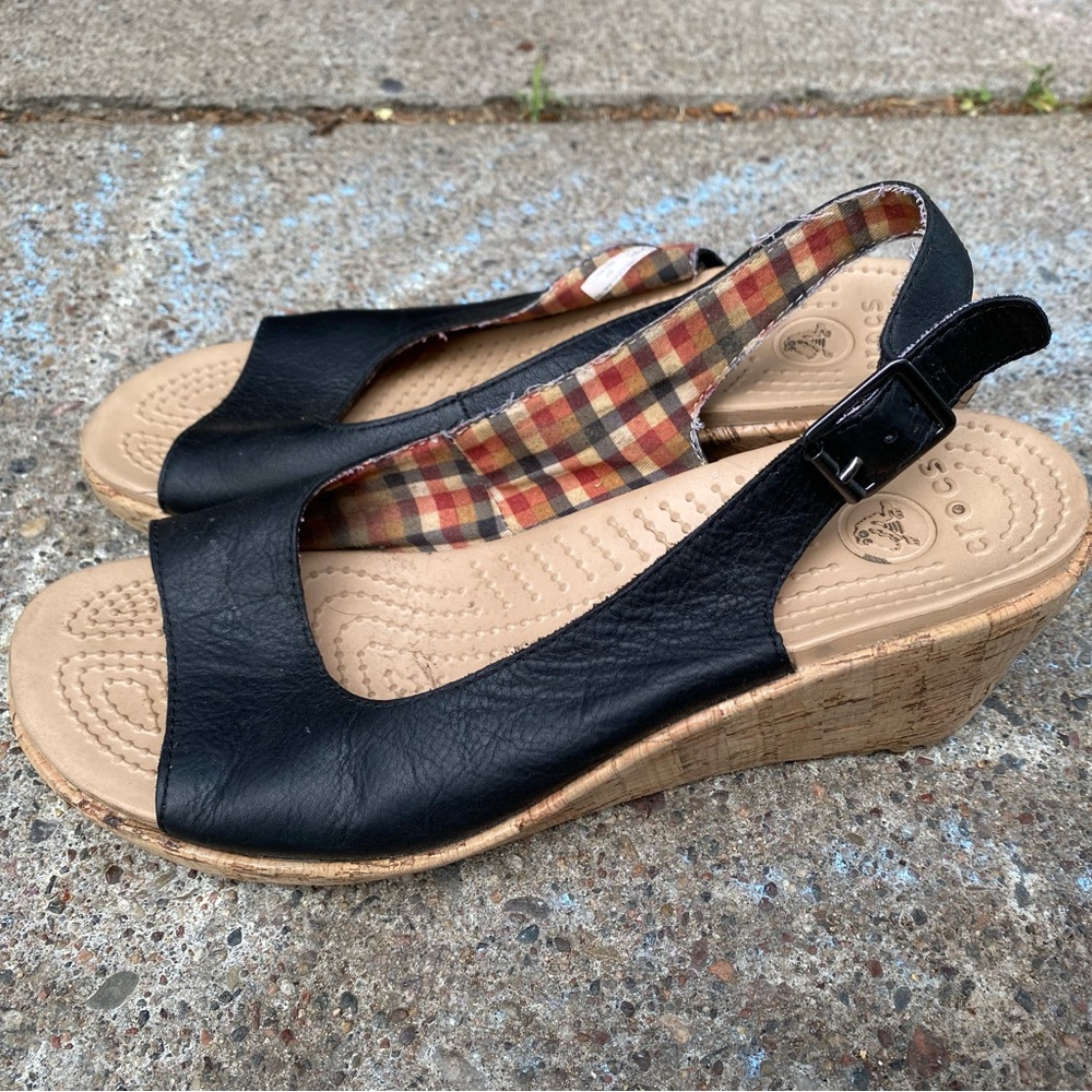 Crocs Women's Leigh Cork Heel Peep Toe Slingback Black Sandals women size 10